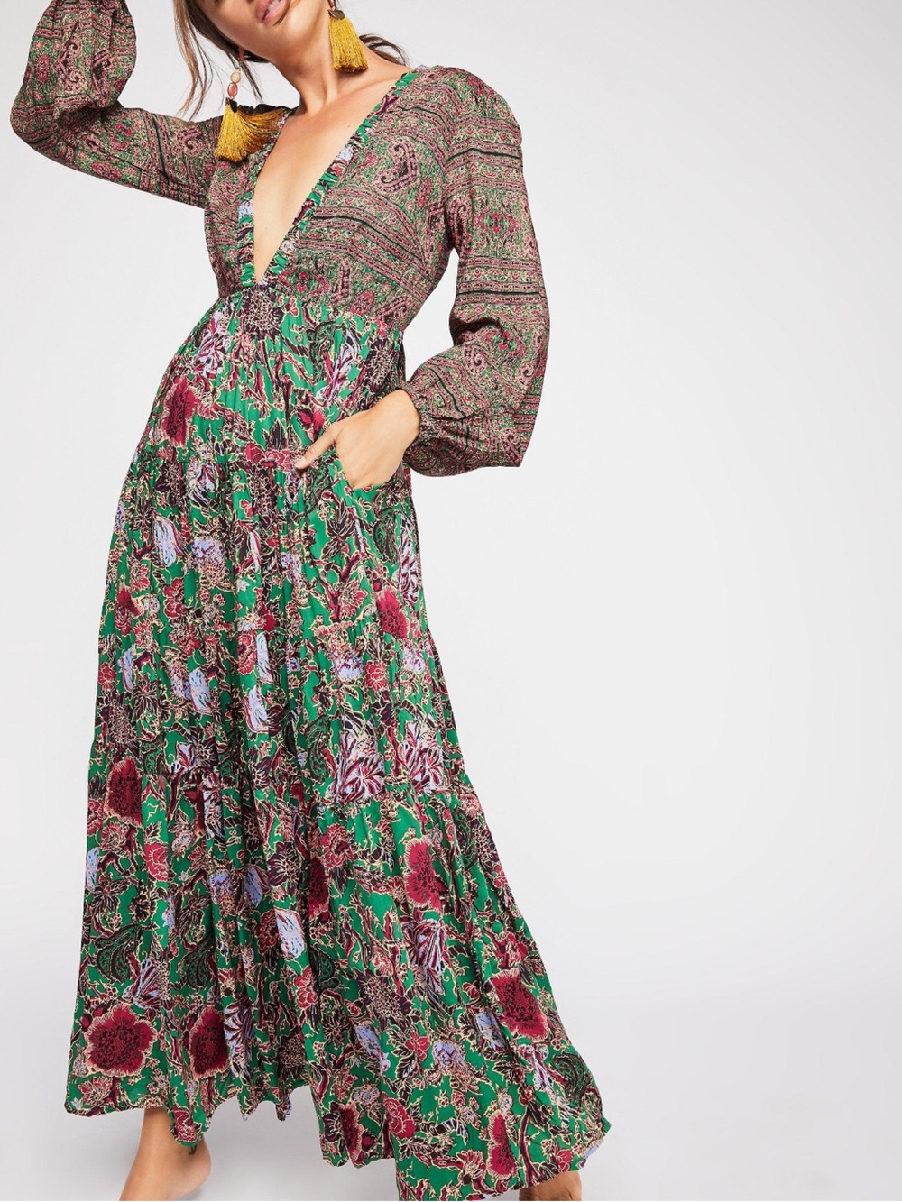 Free People Dress Green Multi Floral Bohemian Maxi Dress - size small